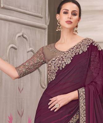 Wine soft silk blend embroidered saree with unstitched blouse piece 4