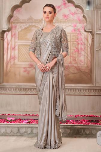 Silver soft silk blend embroidered saree with unstitched blouse piece