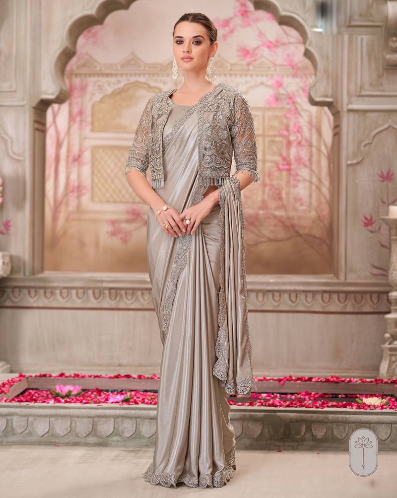 Silver soft silk blend embroidered saree with unstitched blouse piece