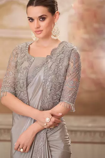 Silver soft silk blend embroidered saree with unstitched blouse piece