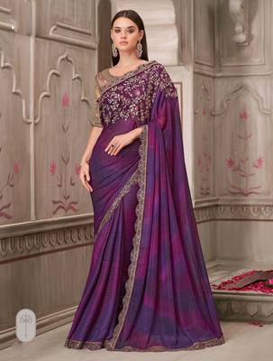 Purple soft silk blend embroidered saree with unstitched blouse piece 1