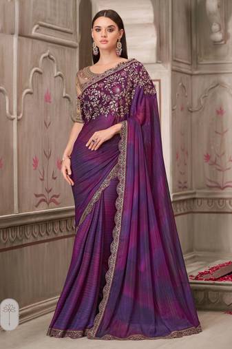 Purple soft silk blend embroidered saree with unstitched blouse piece