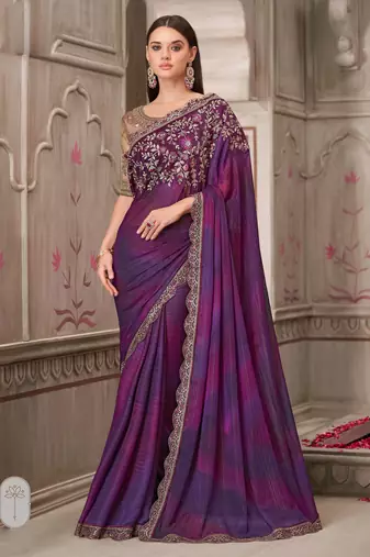 Purple soft silk blend embroidered saree with unstitched blouse piece