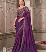 Purple soft silk blend embroidered saree with unstitched blouse piece