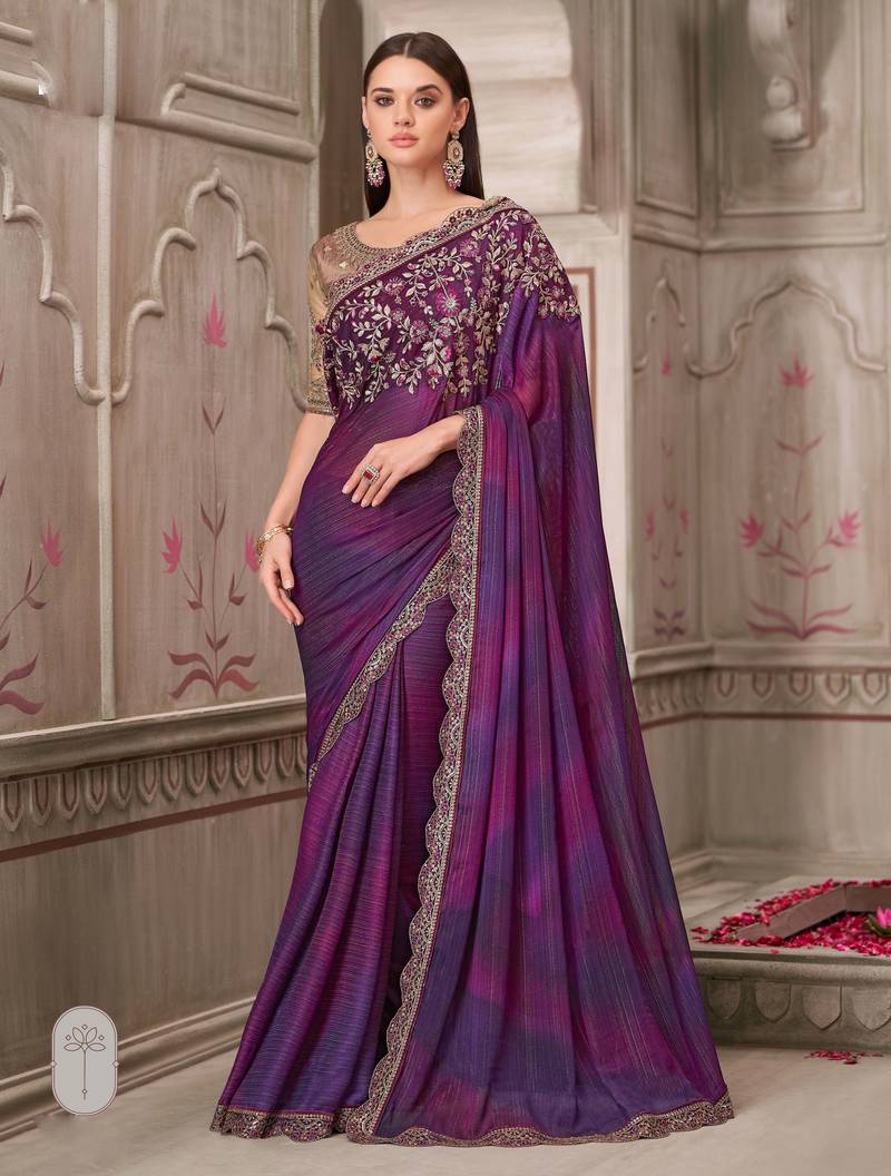 Purple soft silk blend embroidered saree with unstitched blouse piece