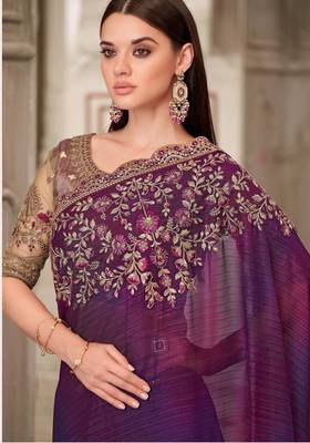 Purple soft silk blend embroidered saree with unstitched blouse piece 2