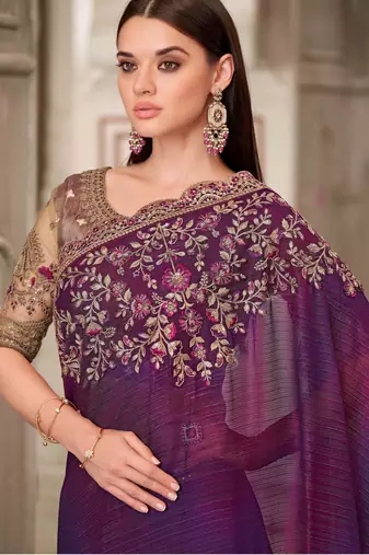 Purple soft silk blend embroidered saree with unstitched blouse piece