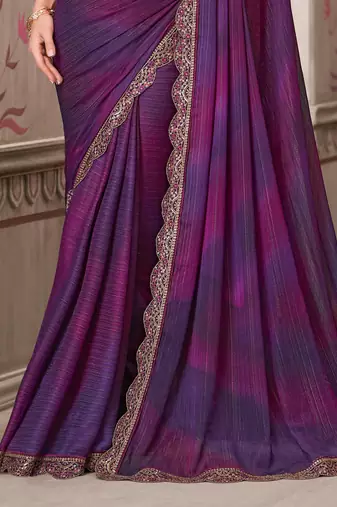 Purple soft silk blend embroidered saree with unstitched blouse piece