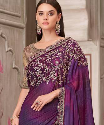 Purple soft silk blend embroidered saree with unstitched blouse piece 4