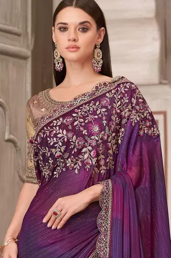 Purple soft silk blend embroidered saree with unstitched blouse piece