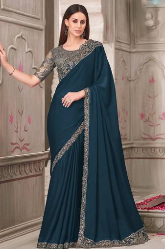 Blue soft silk blend embroidered saree with unstitched blouse piece