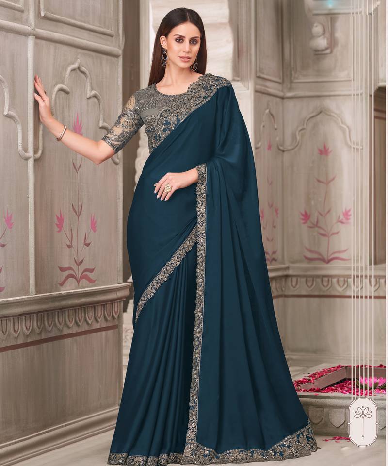 Blue soft silk blend embroidered saree with unstitched blouse piece