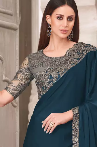 Blue soft silk blend embroidered saree with unstitched blouse piece