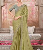 Pista soft silk blend embroidered saree with unstitched blouse piece