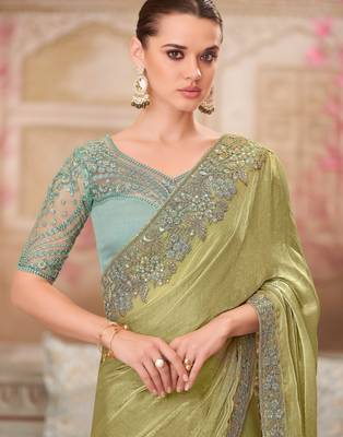 Pista soft silk blend embroidered saree with unstitched blouse piece 2