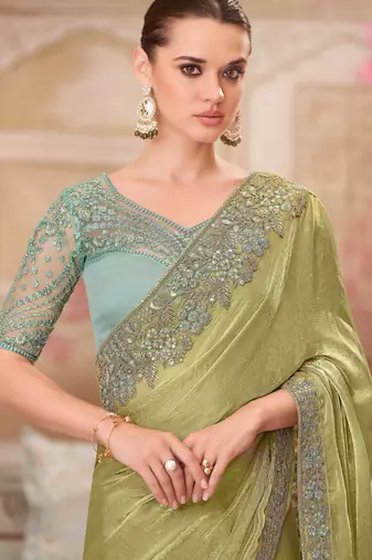 Pista soft silk blend embroidered saree with unstitched blouse piece