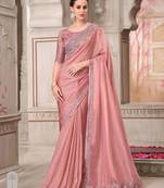 Pink soft silk blend embroidered saree with unstitched blouse piece