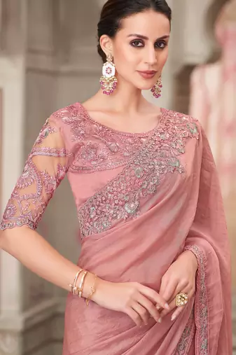 Pink soft silk blend embroidered saree with unstitched blouse piece
