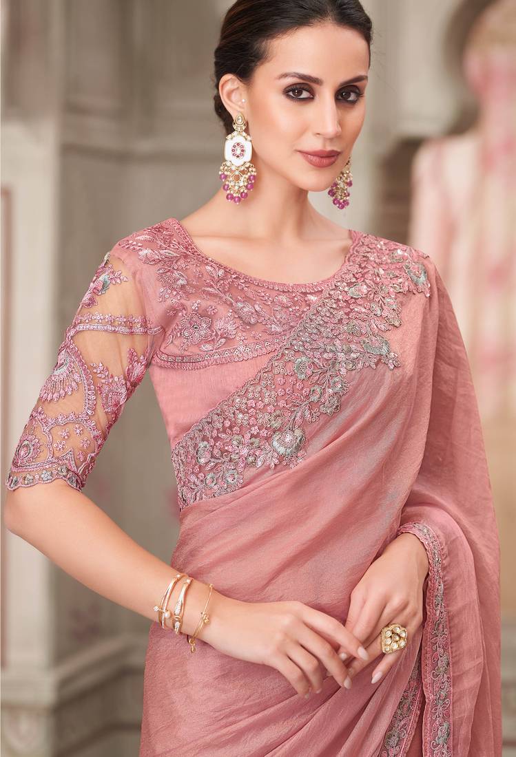 Pink soft silk blend embroidered saree with unstitched blouse piece