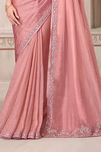 Pink soft silk blend embroidered saree with unstitched blouse piece