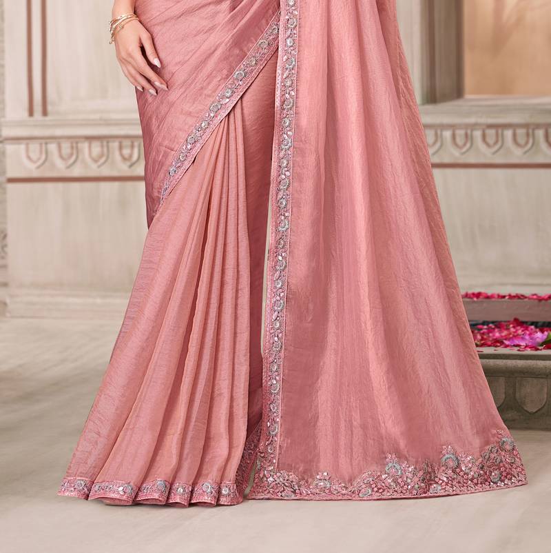 Pink soft silk blend embroidered saree with unstitched blouse piece