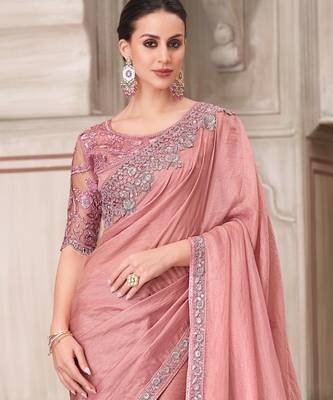 Pink soft silk blend embroidered saree with unstitched blouse piece 4