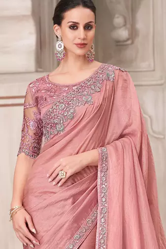 Pink soft silk blend embroidered saree with unstitched blouse piece