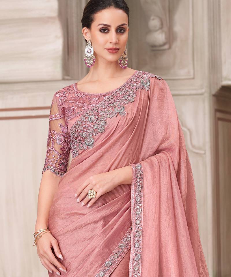 Pink soft silk blend embroidered saree with unstitched blouse piece