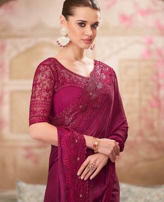 Magenta soft silk blend embroidered saree with unstitched blouse piece 2