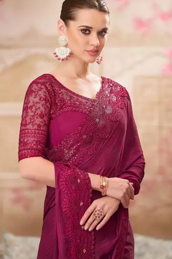 Magenta soft silk blend embroidered saree with unstitched blouse piece