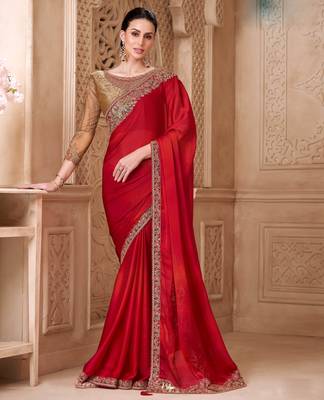 Red satin silk blend embroidered saree with unstitched blouse piece 1