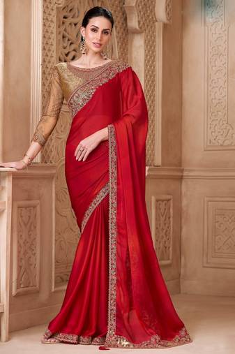 Red satin silk blend embroidered saree with unstitched blouse piece