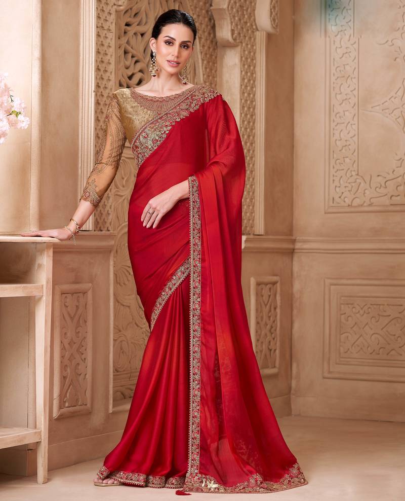 Red satin silk blend embroidered saree with unstitched blouse piece