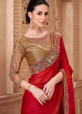 Red satin silk blend embroidered saree with unstitched blouse piece 2