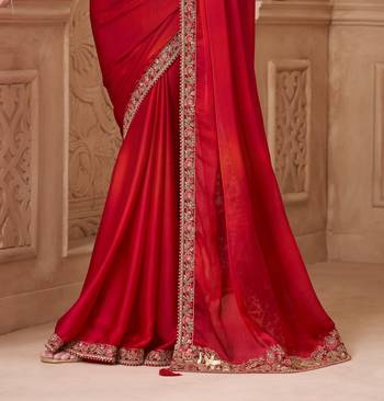 Red satin silk blend embroidered saree with unstitched blouse piece 3