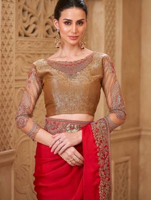 Red satin silk blend embroidered saree with unstitched blouse piece 4