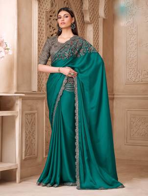 Turquoise satin silk blend embroidered saree with unstitched blouse piece 1