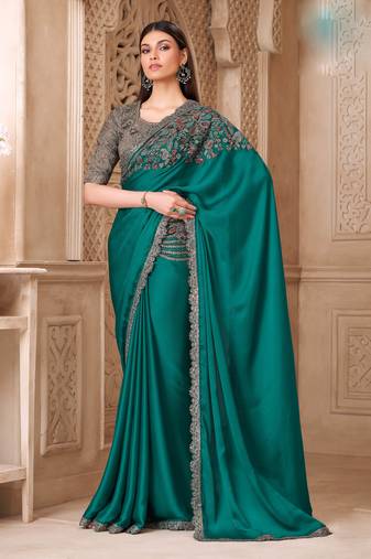 Turquoise satin silk blend embroidered saree with unstitched blouse piece