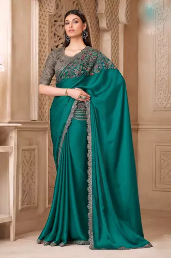 Turquoise satin silk blend embroidered saree with unstitched blouse piece