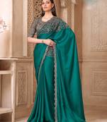 Turquoise satin silk blend embroidered saree with unstitched blouse piece