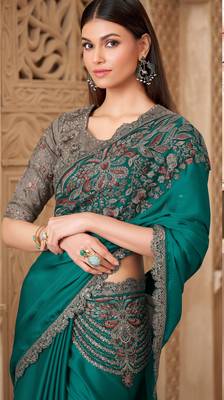 Turquoise satin silk blend embroidered saree with unstitched blouse piece 2