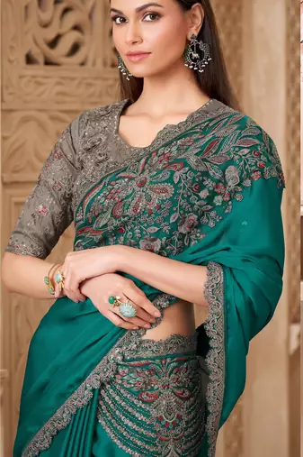 Turquoise satin silk blend embroidered saree with unstitched blouse piece