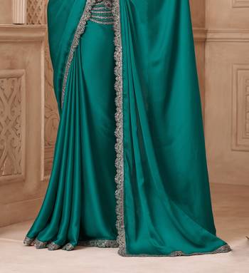 Turquoise satin silk blend embroidered saree with unstitched blouse piece 3