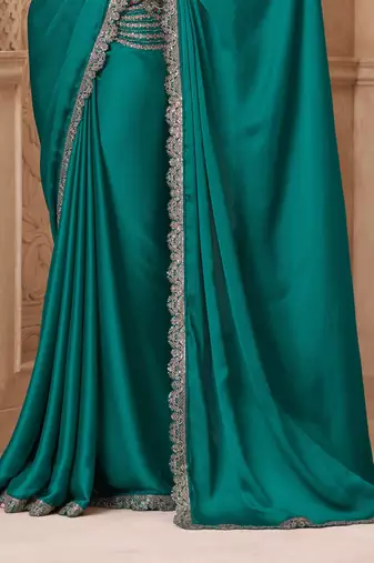 Turquoise satin silk blend embroidered saree with unstitched blouse piece
