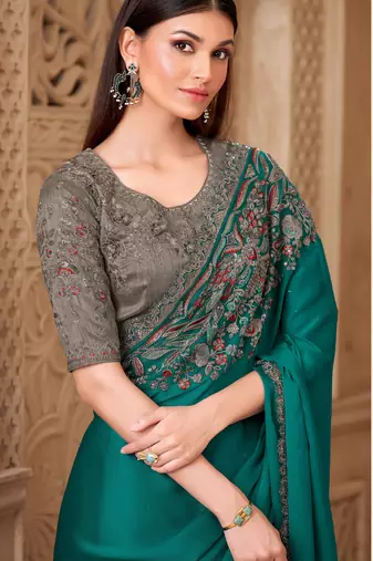 Turquoise satin silk blend embroidered saree with unstitched blouse piece
