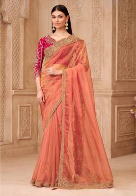 Orange georgette embroidered saree with unstitched blouse piece 1
