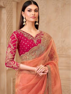 Orange georgette embroidered saree with unstitched blouse piece 2