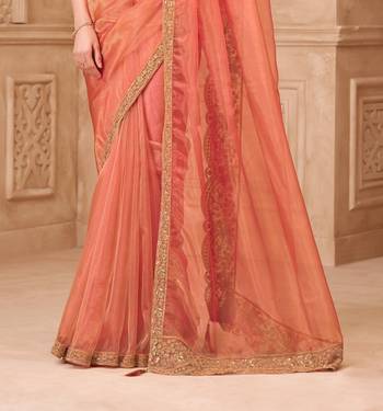 Orange georgette embroidered saree with unstitched blouse piece 3
