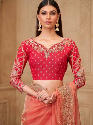 Orange georgette embroidered saree with unstitched blouse piece 4
