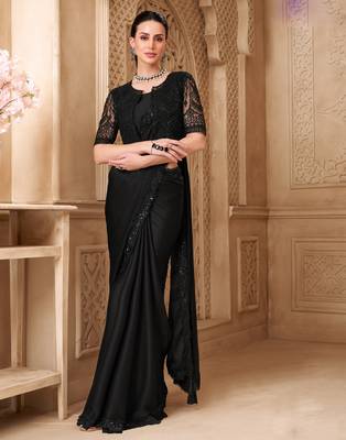Black satin georgette embroidered saree with unstitched blouse piece 2